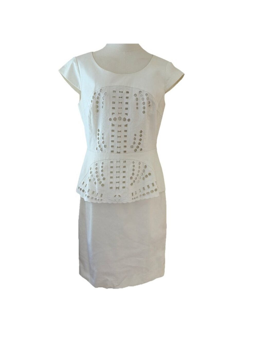 Antonio Melani Lazer Cut Peplum Sheath Dress Size 8 White Bachelorette Party